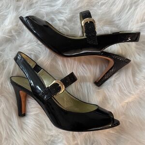 Circa Joan & David Snakeskin & Patent Black Peep-Toe Slingback Heels size 8